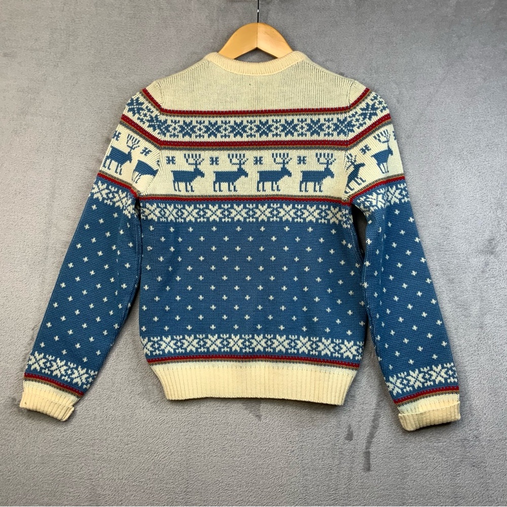 Demetre 100% Pure Lamb Wool Blue and White Reindeer Sweater. Ladies size Large. - Picture 2 of 6